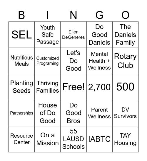 Do Good Daniels Family Foundation Bingo Card