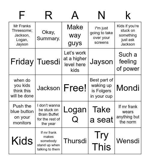 Franko Bingo Card