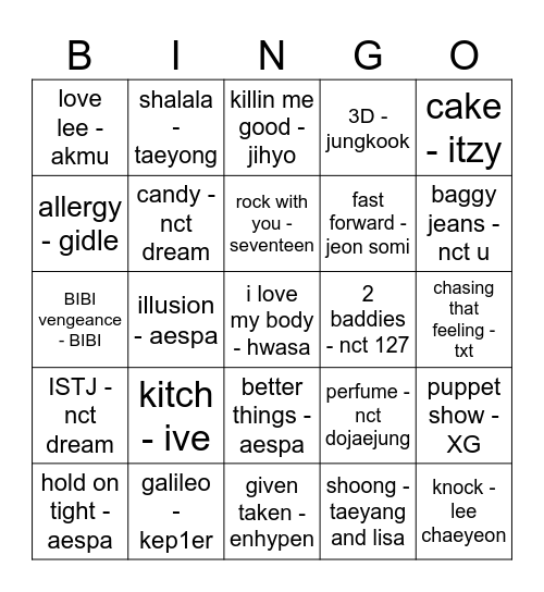 kpop songs Bingo Card