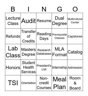 College Bingo Card