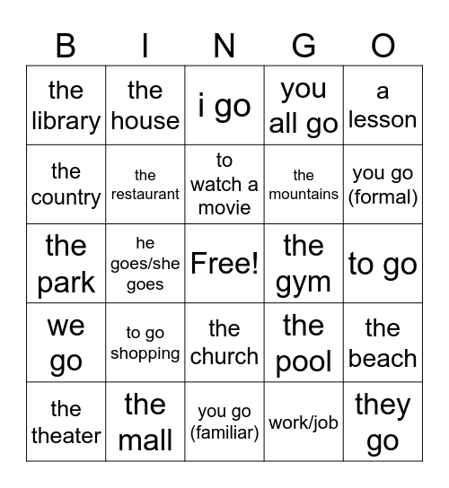 Going Places Vocabulary Bingo Card