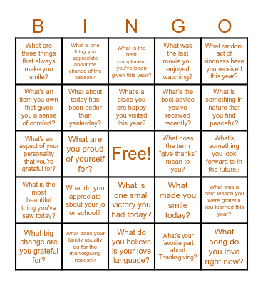 Thanksgiving Gatitude Bingo Card
