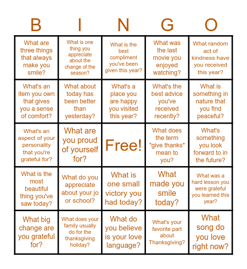 Thanksgiving Gatitude Bingo Card