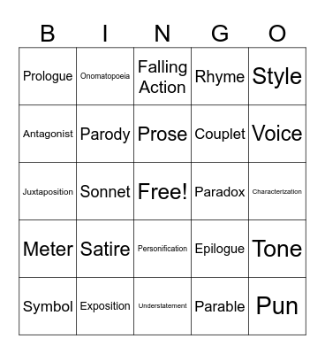 Literary Device Bingo II Bingo Card