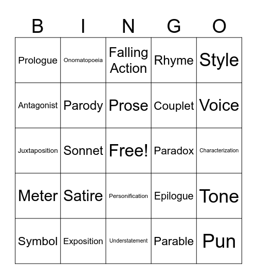 Literary Device Bingo II Bingo Card