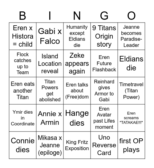 Attack on Titan Finale Bingo Card