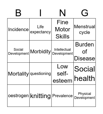 Health and Development Bingo Card