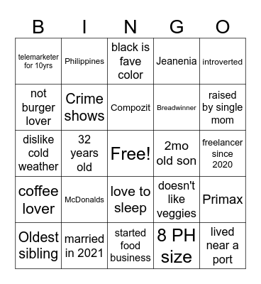 Jean BINGO! Bingo Card