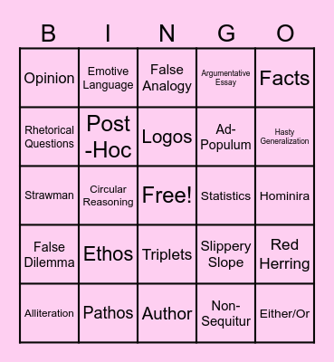 English Bingo Card