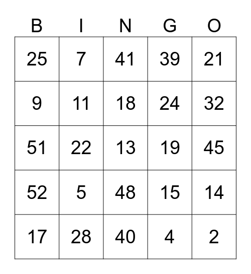 Addition 1-45 Bingo Card