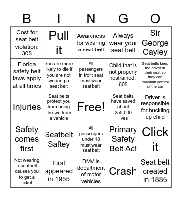 Seatbelt Safety Bingo Card