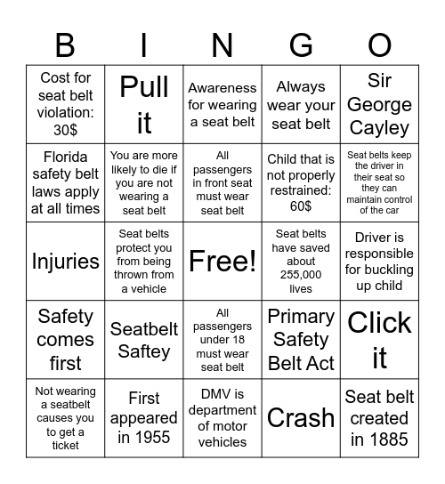 Seatbelt Safety Bingo Card