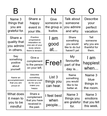 Mindfulness Bingo Card