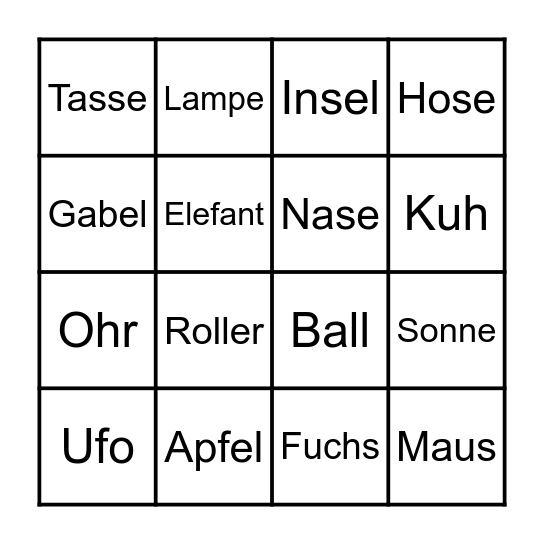 Buchstabenbingo Wörter Bingo Card