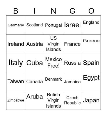 Country Bingo Card
