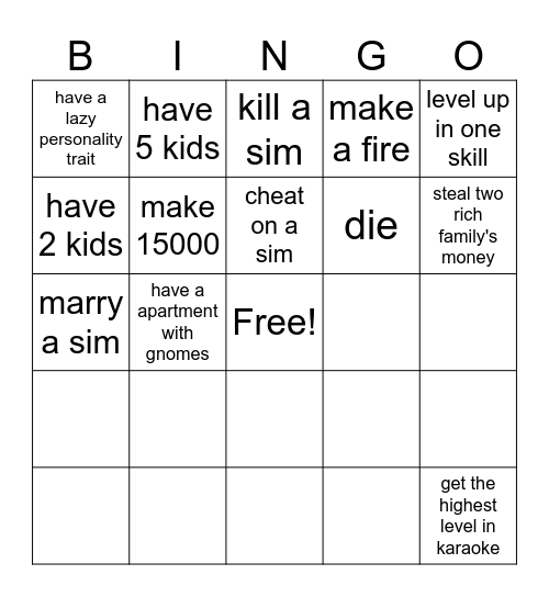 sims 4 Bingo Card