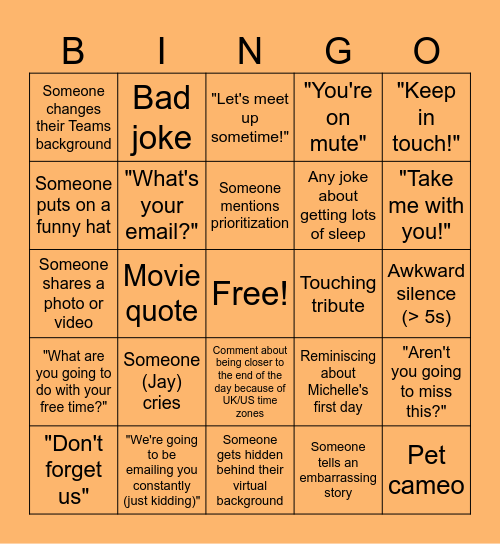 Michelle's "See You Soon" Party Bingo Card