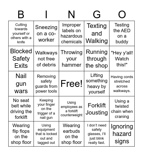 Totally Unsafe - Do Not Do These at Work Bingo Card