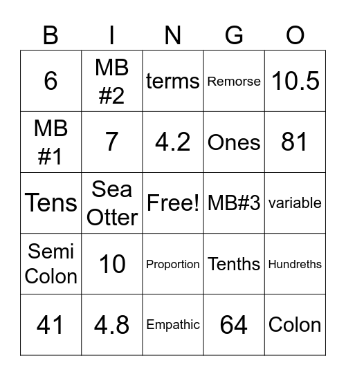 Math Bingo 11/16/23 Bingo Card