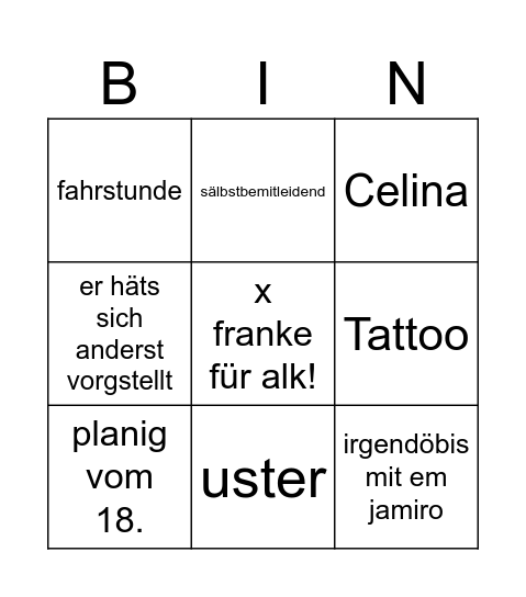 Jannis party Bingo Card