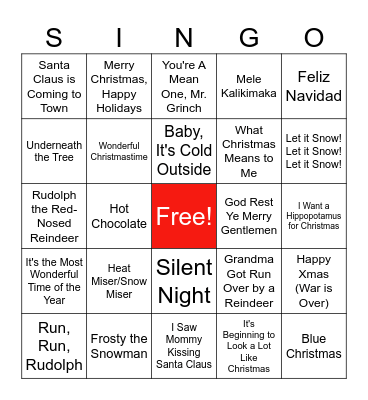 Holiday Singo Bingo Card