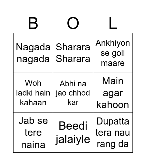 BOLLYWOOD SONG BINGO Card