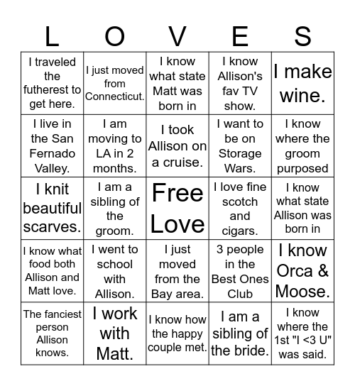 Happy Couple BINGO Card