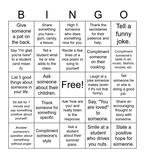 Feel Good Bingo Card