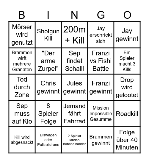 Pietsmiet PUBG Turnier Bingo Card