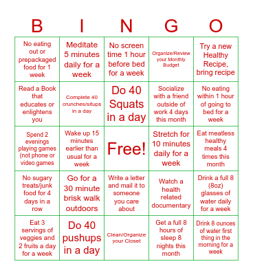 Healthy Holiday Bingo Challenge Bingo Card