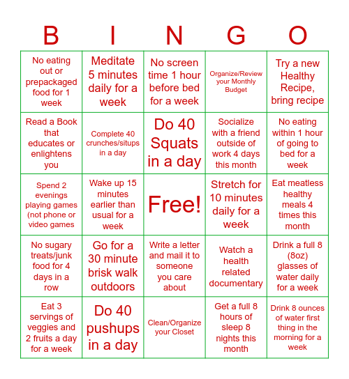 Healthy Holiday Bingo Challenge Bingo Card