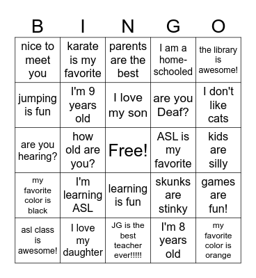 k - 8 ASL (2) Bingo Card