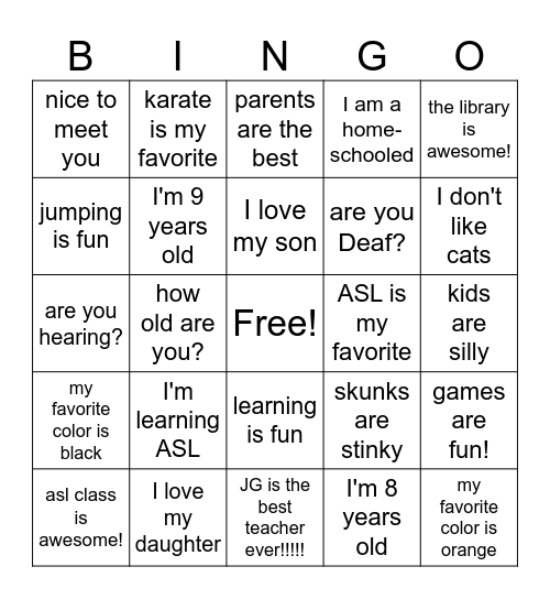 k - 8 ASL (2) Bingo Card