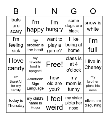K - 8 ASL bingo (1) Bingo Card