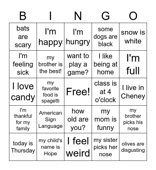 K - 8 ASL bingo (1) Bingo Card
