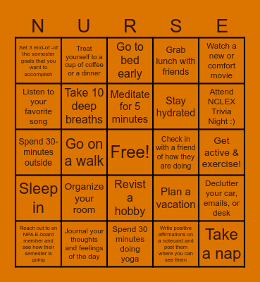 Northern Prairie Alliance Self-Care Card Bingo Card