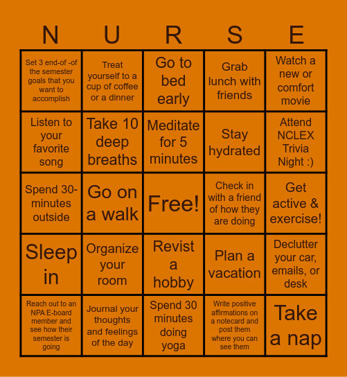 Northern Prairie Alliance Self-Care Card Bingo Card
