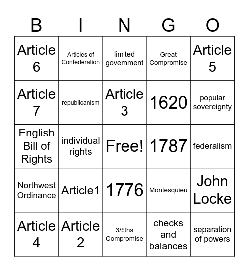 Constitution Bingo 2023 Bingo Card