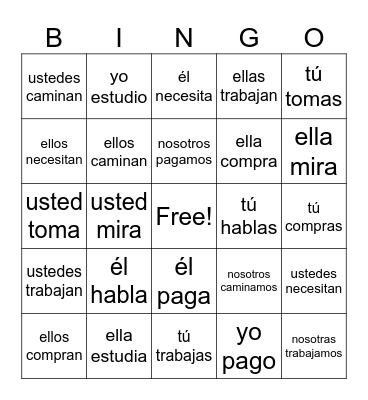 SPANISH -AR VERBS Bingo Card