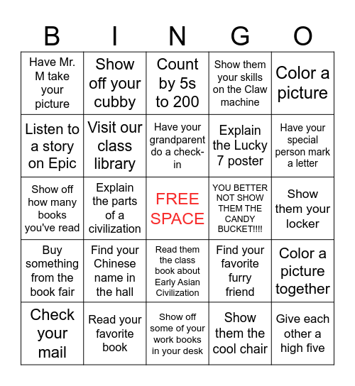 Grandparents' Day Classroom Bingo Card