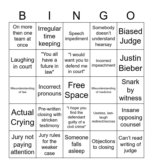 Mock Trial Bingo Card