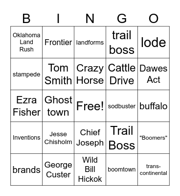 The Wild West Bingo Card