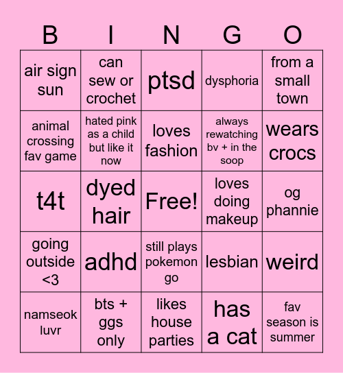 sebby bingo!!! <3 Bingo Card