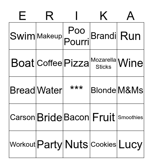 Erika's Bridal Shower Bingo Card
