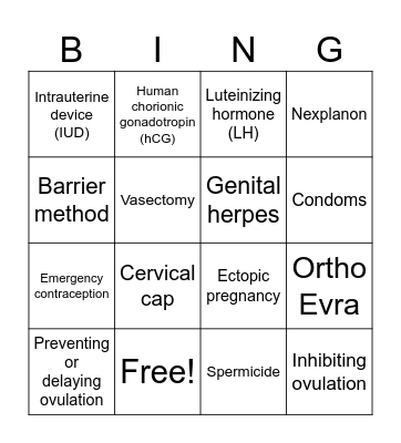 Reproductive Health Bingo Card