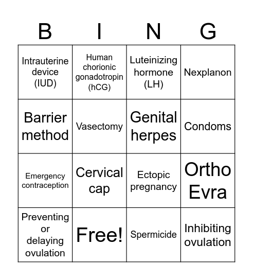 Reproductive Health Bingo Card