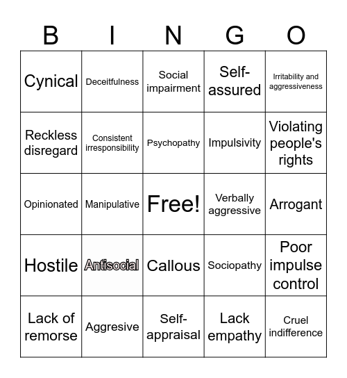 Antisocial personality disorder Bingo Card