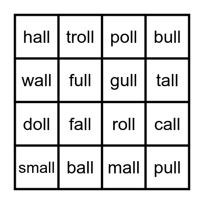-all -oll -ull BINGO Card