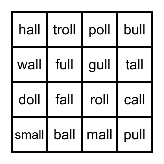 -all -oll -ull BINGO Card