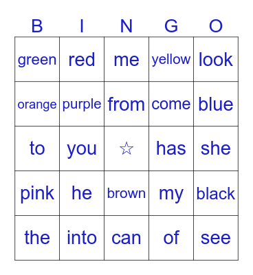 Sight Words Bingo Card